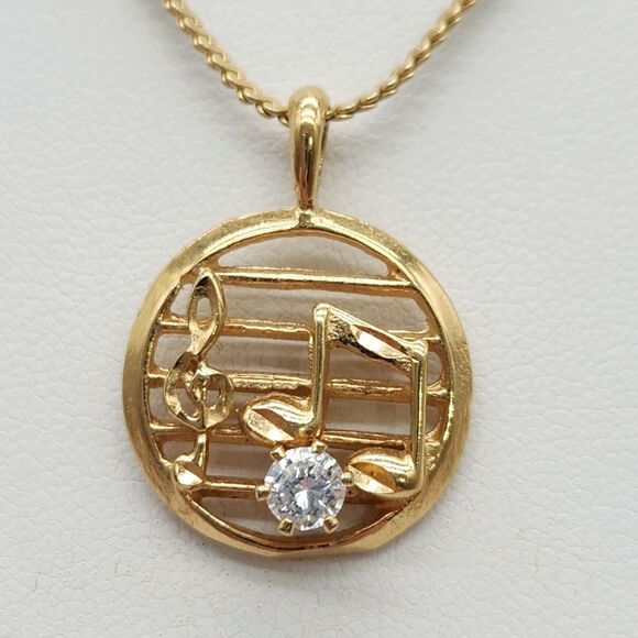 Vintage Music Staff Treble Clef Music Note Glass Rhinestone 18" Pendant Necklace - Picture 1 of 11